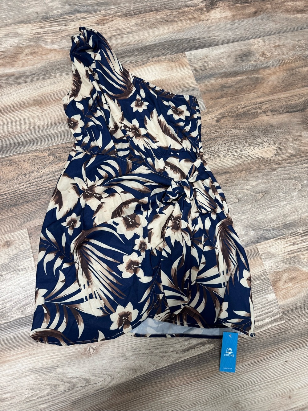 Cupshe Navy & Cream One-Shoulder Floral Tie-Waist Dress